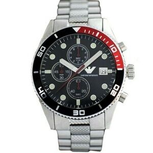 Emporio Armani Men's Silver Watch with Black Dial and Red Bezel Accent